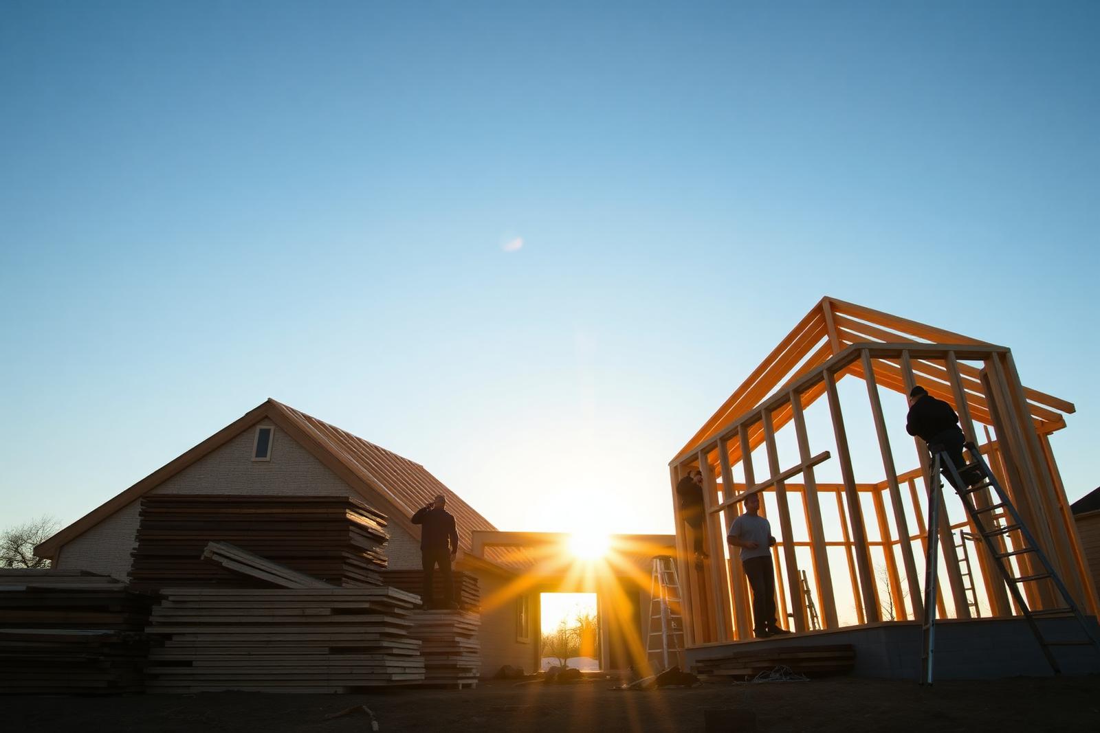 Framing crew rebuilding a Texas home at golden hour