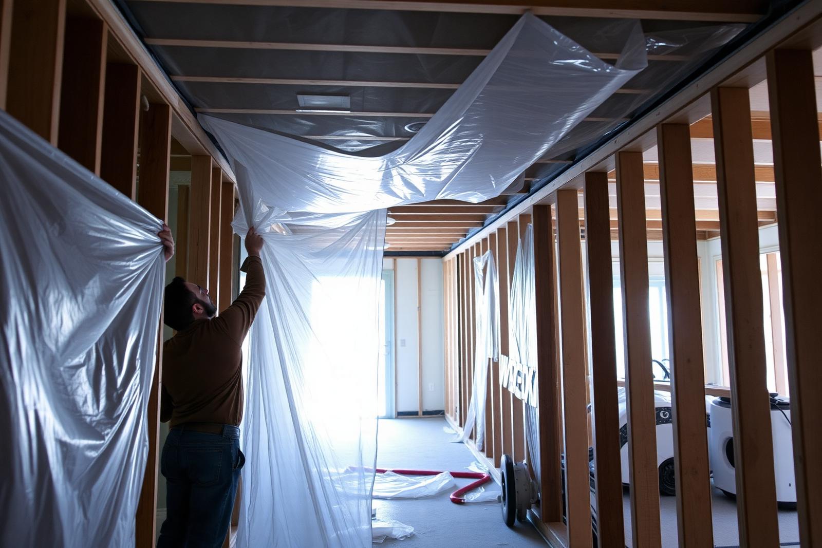 Restoration crew working on a damaged home at dusk