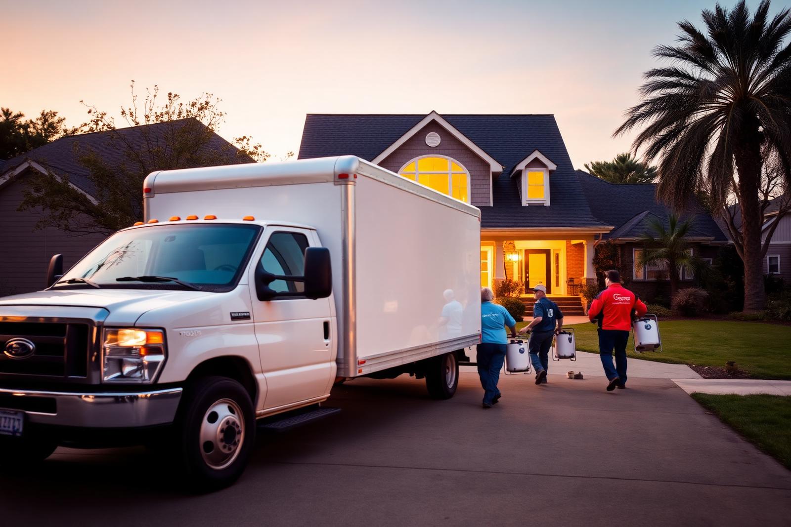 Restoration crew unloading equipment at a San Antonio home at dusk