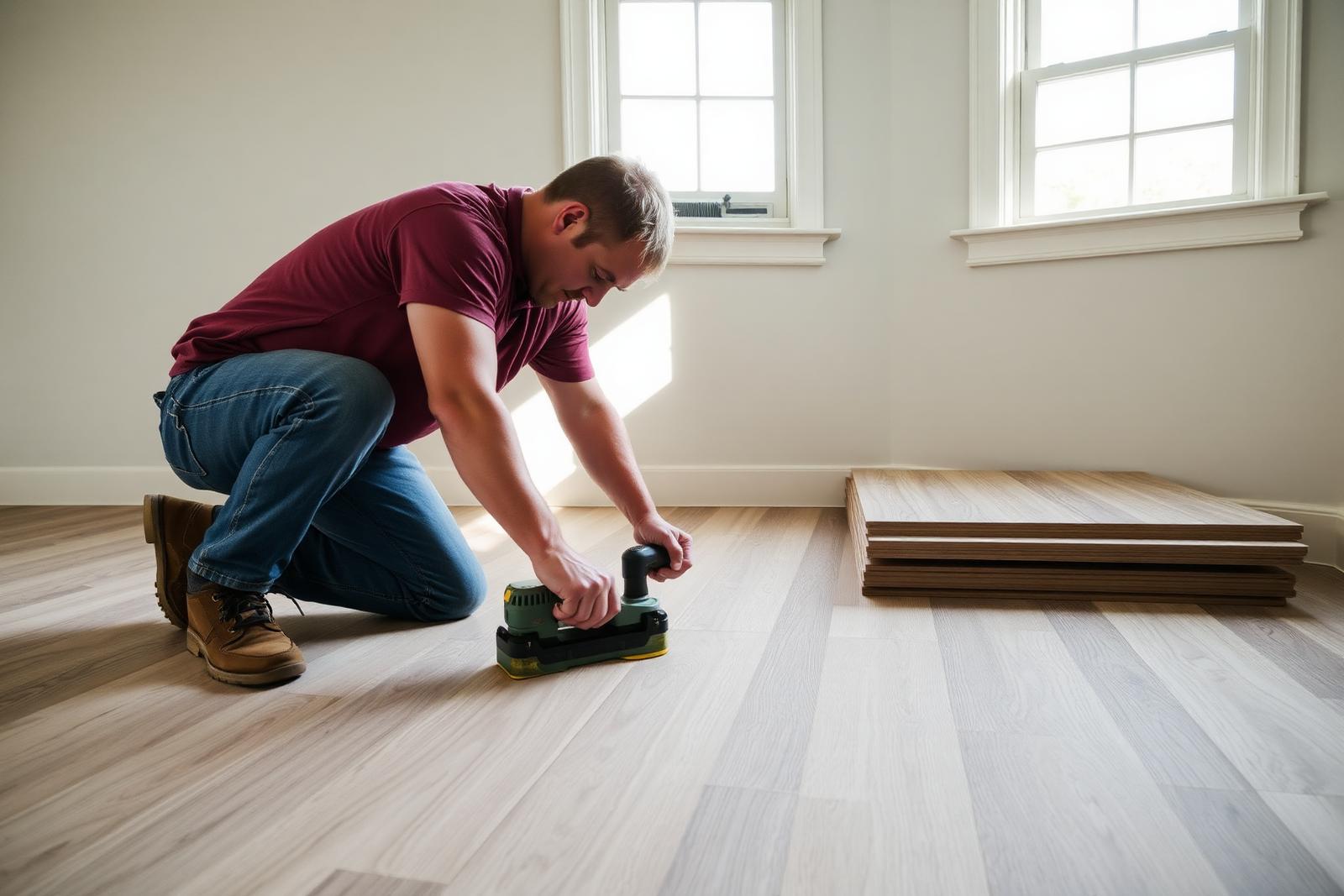 Technician performing flooring repair work
