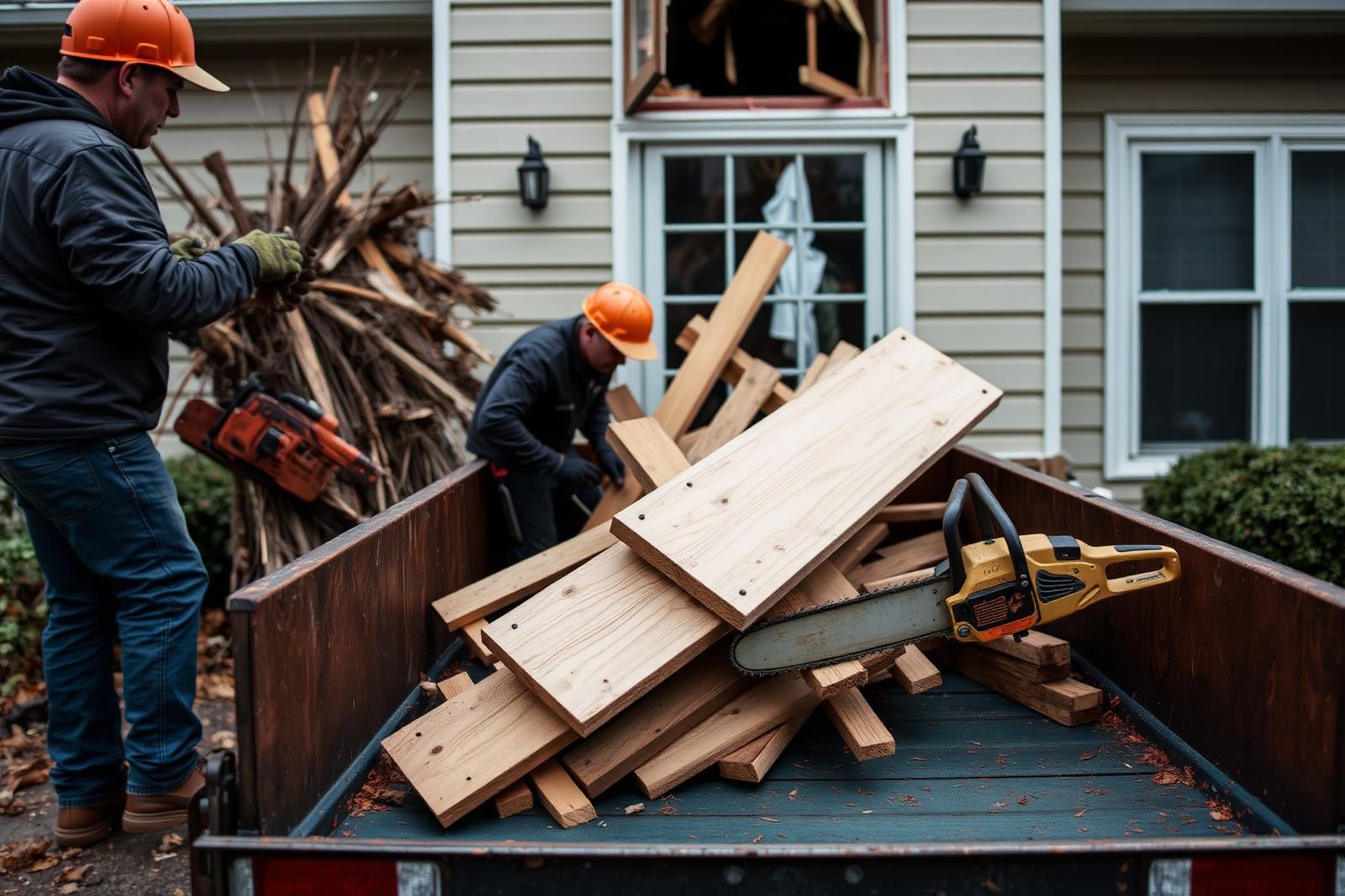 Technician performing storm damage work