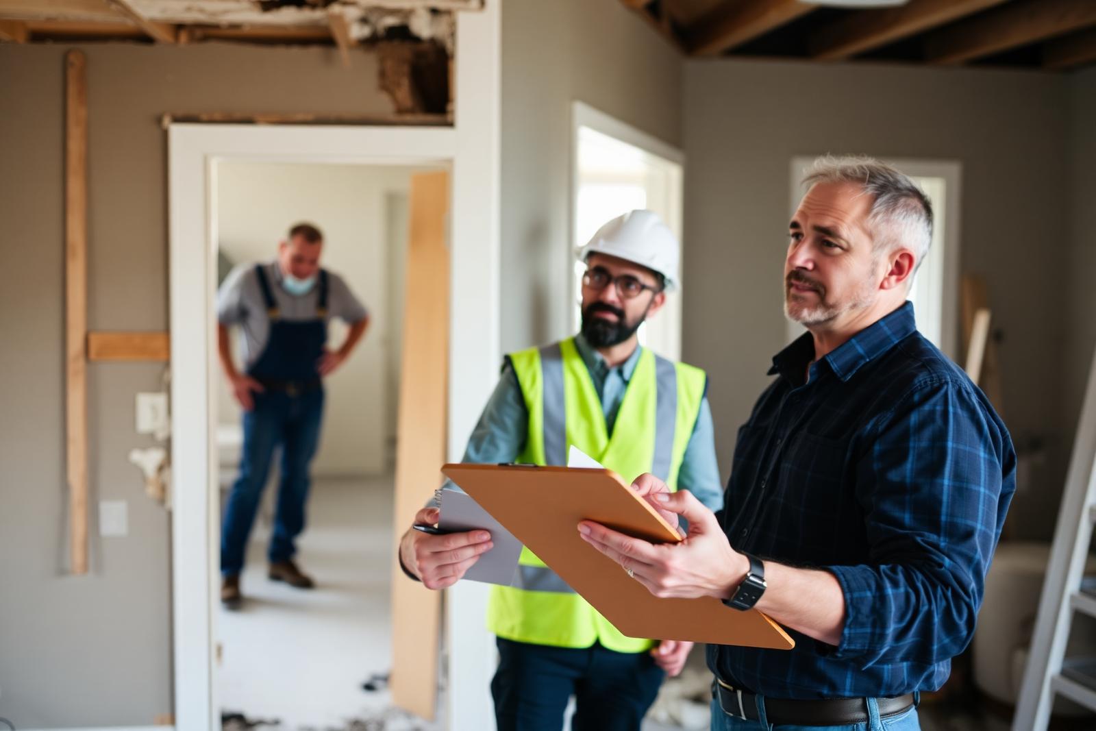 Adjuster and contractor reviewing an insurance claim on site